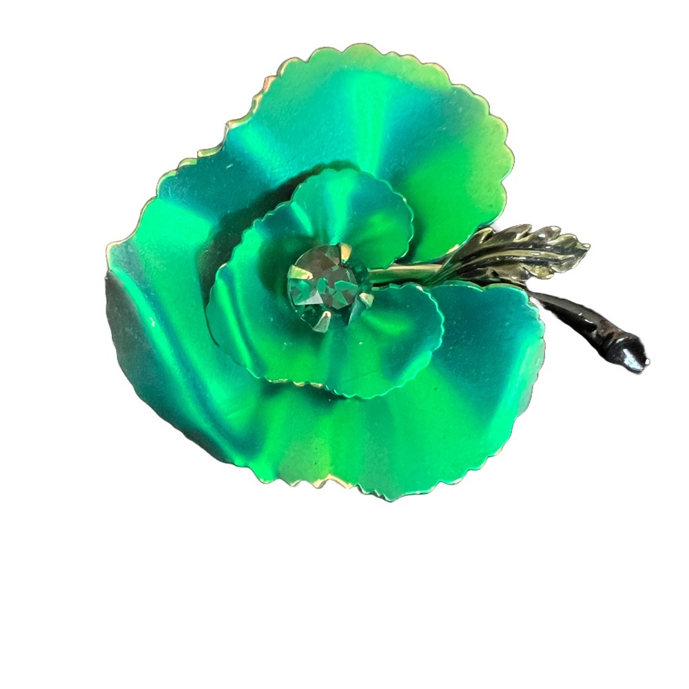 Kelly Green Flower Brooch Pin with Rhinestone